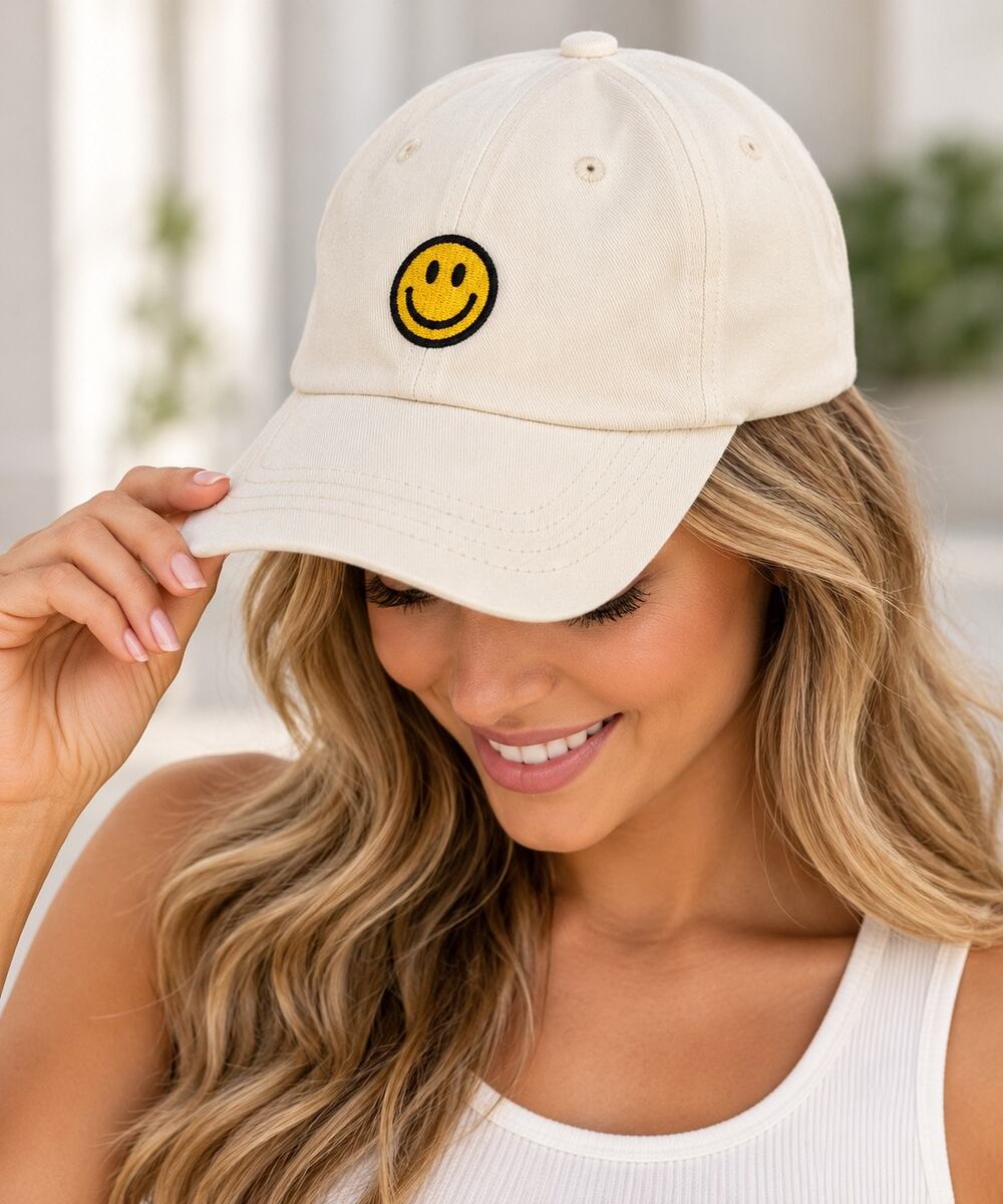 SONMONY Smiley Face Baseball Cap NWT Cream Adjustable Dad Hat Embroidered
